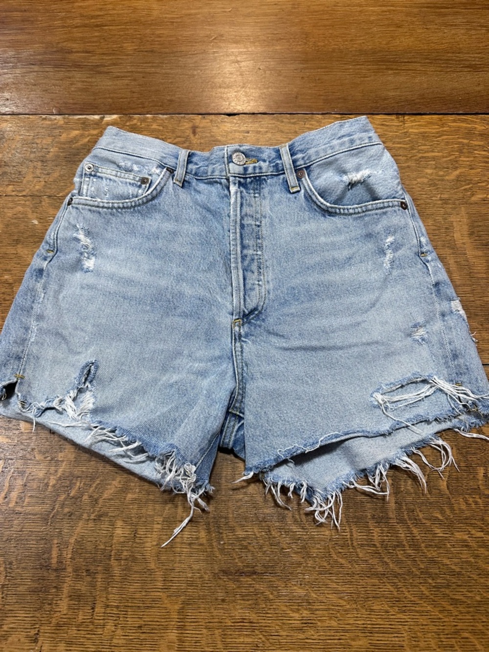 Agolde Dee Light Blue Distressed High-Rise Denim Shorts